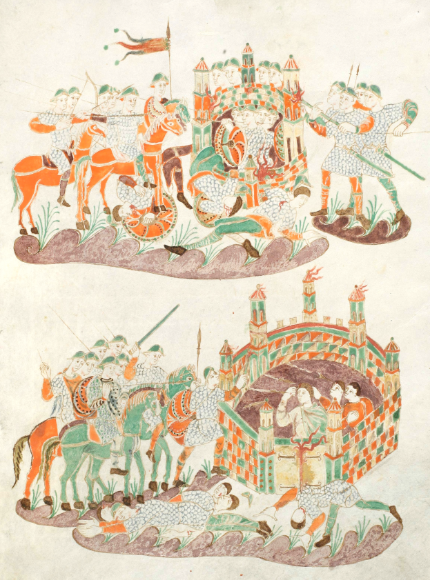 Eine mittelalterliche Handschriftseite, die eine Kampfszene mit berittenen Männern mit Schwertern, Schilden, Bogen und Pfeilen zeigt, die vor einer von Grün umgebenen Burg unter einem tiefblauen Himmel kämpfen.