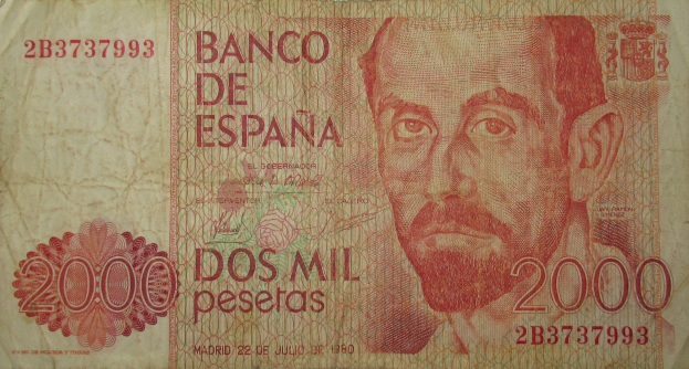 Alte spanische Banknote mit einem ernst dreinblickenden Mann im Anzug und Krawatte, mit dem Text "Banco de España".