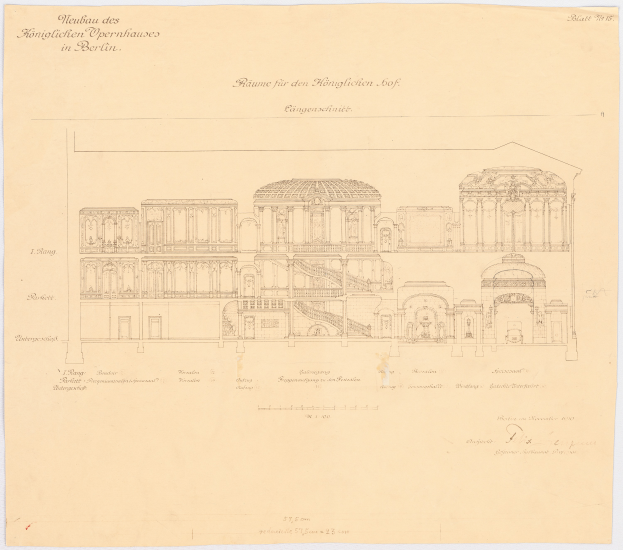Ein detaillierter architektonischer Plan des Konfiguration Opernhauses in Berlin, der R├Ąume, Flure und Abmessungen auf einem Blatt Papier zeigt.