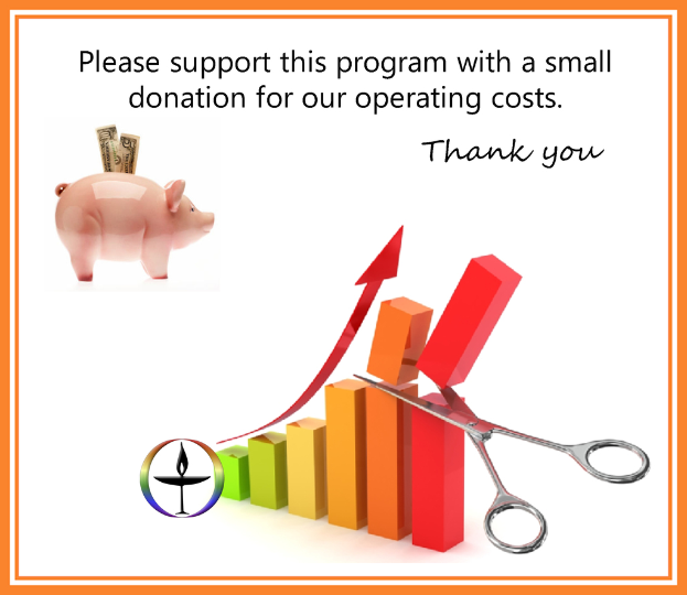 Ein Plakat mit silbernen Scheren, rechteckigen Blöcken in Grün, Gelb, Orange und Rot, einer pinken Schweinchenbank und mehreren Banknoten.