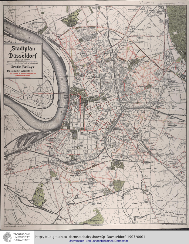 Ein detailliertes altes Stadtplan von Düsseldorf, Deutschland, mit Straßen, Gebäuden und Sehenswürdigkeiten mit Texten, die zusätzliche Stadtinformationen bereitstellen.