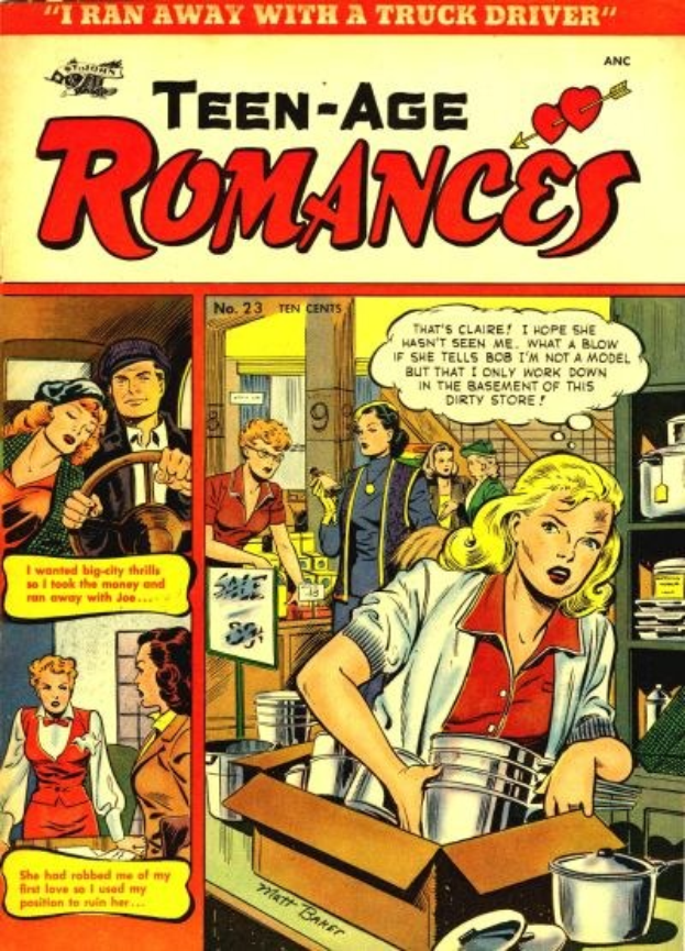 Ein farbenfroher Comicbuchplakat titled "Teen-Age Romances 23-A by DC" showing a group of people in a joyful, romantic embrace with bold, colorful text.