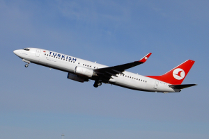 Ein Airbus A320-200 der Turkish Airlines im Flug gegen einen klaren blauen Himmel, mit einem Pfahl am unteren Bildrand.