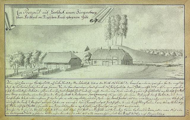 Ein verblichenes Dokument mit der überschrift "Surgensburg, Deutschland - Landschaft einer Farm", das eine zentrale Farm-Illustration umgeben von Häusern, Bäumen und einem Himmel zeigt.