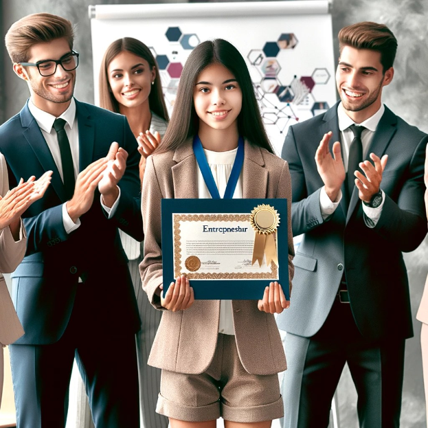 Eine Gruppe von Menschen in einem beruflichen Setting, die klatschen und feiern, mit einer Frau in der Mitte, die ein Zertifikat hält und eine Medaille um den Hals trägt.