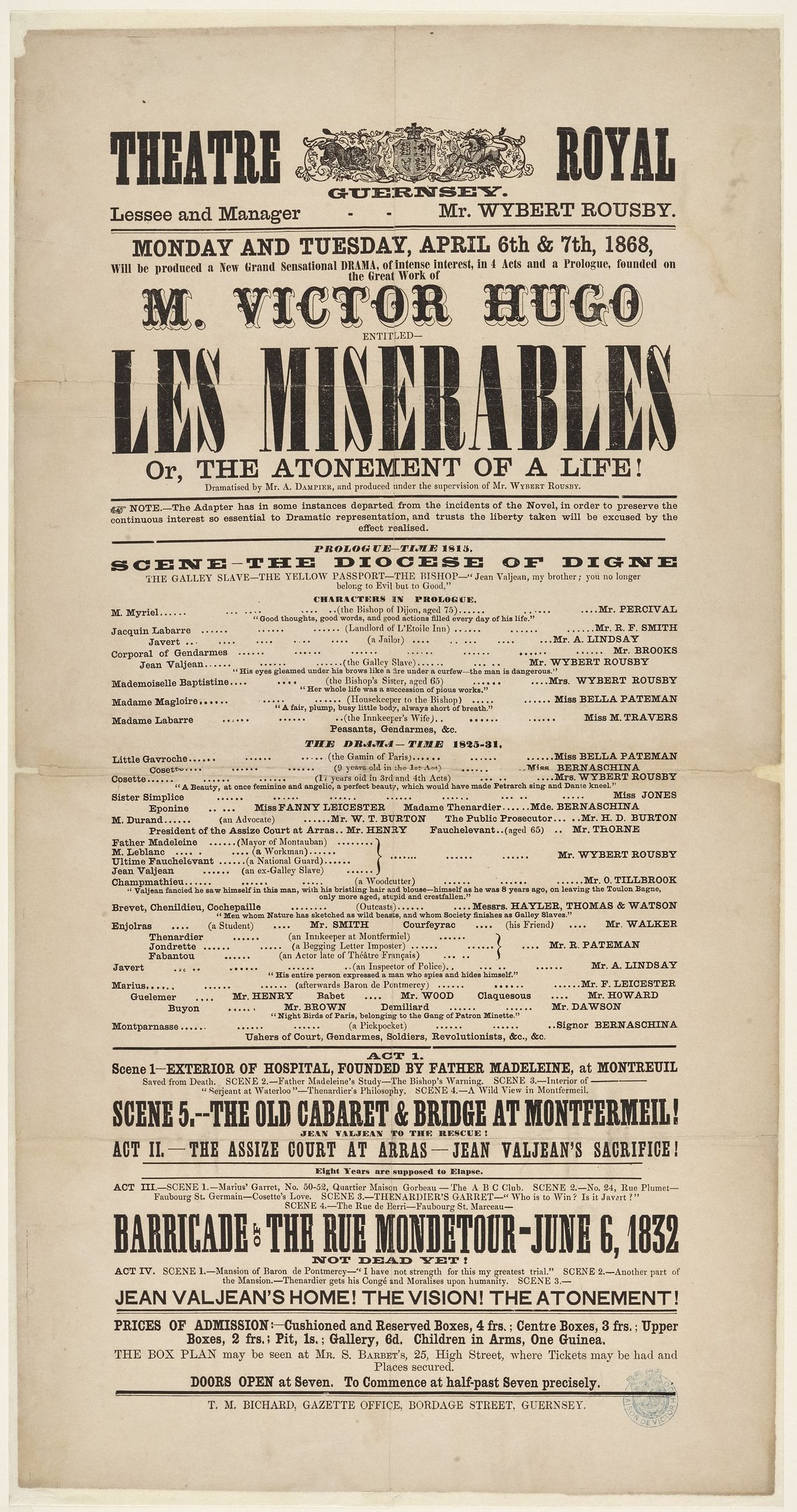 Schwarze und weiße Zeitungsanzeige für das Theatre Royal in London, England, wahrscheinlich beworben das Musical Les Misérables.