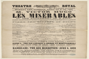 Schwarze und weiße Zeitungsanzeige für das Theatre Royal in London, England, wahrscheinlich beworben das Musical Les Misérables.