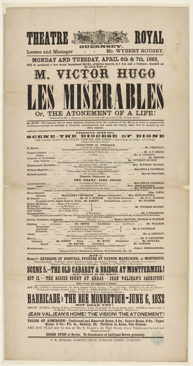 Schwarze und weiße Zeitungsanzeige für das Theatre Royal in London, England, wahrscheinlich beworben das Musical Les Misérables.