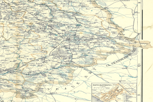 Eine alte Karte von Rinkjöbing, Deutschland, auf Papier gedruckt, zeigt Straßen, Autobahnen und andere Merkmale mit Text und Zahlen.