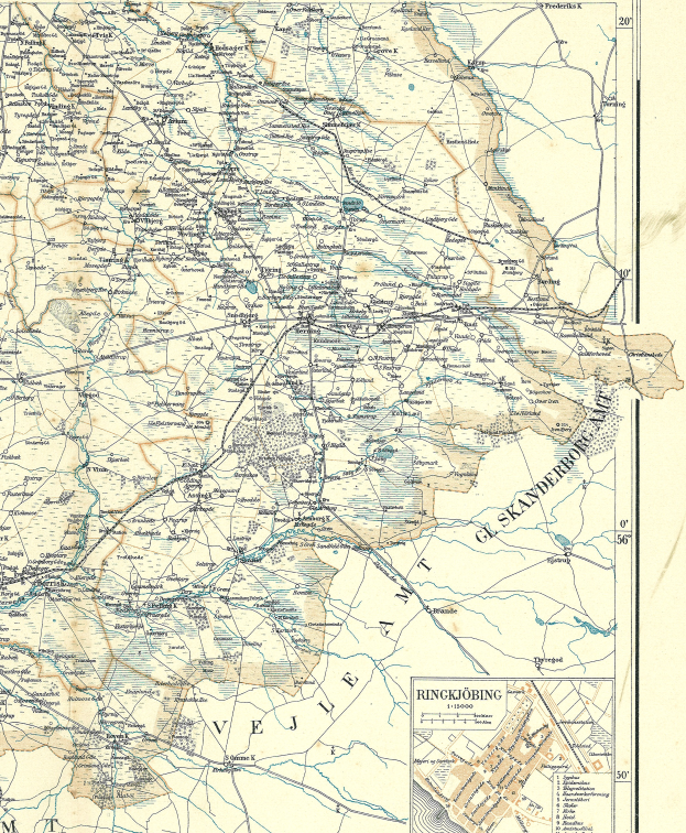 Eine alte Karte von Rinkjöbing, Deutschland, auf Papier gedruckt, zeigt Straßen, Autobahnen und andere Merkmale mit Text und Zahlen.