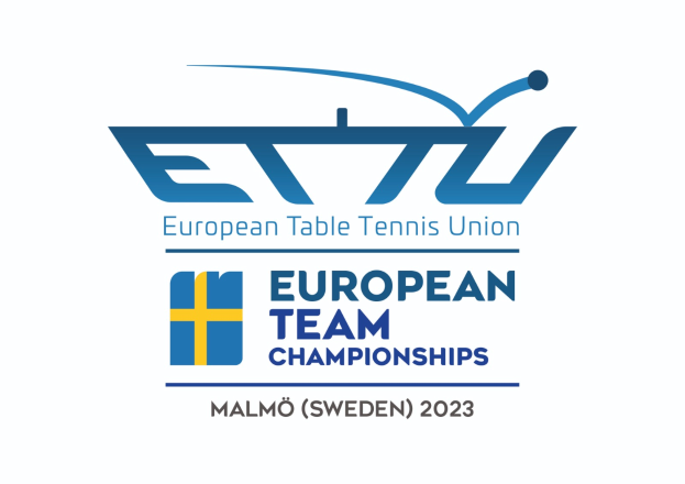 Das Logo der Europäischen Tischtennis-Union (ETTU) zeigt einen blauen Kreis mit einem weißen Tennisracket in der Mitte, umgeben von einem weißen und blauen Rand, mit dem Text "Europäische Mannschaftsmeisterschaften" darunter in fetter, schwarzer Schrift.