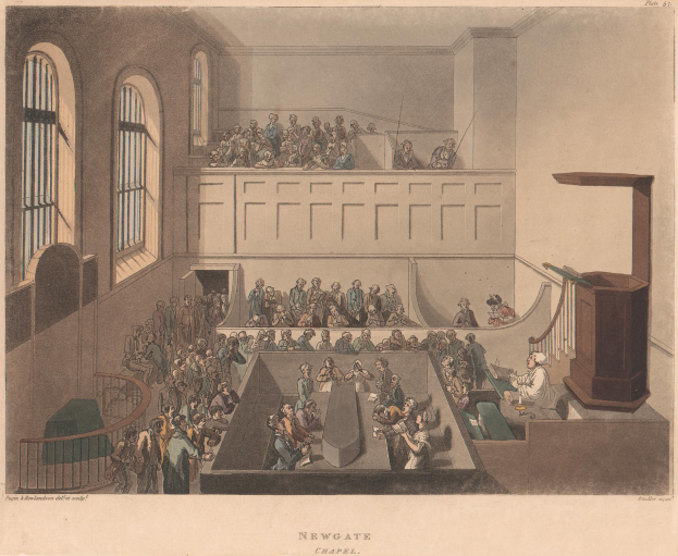 Eine Zeichnung eines Gerichtssaals mit Menschen auf Stühlen und Stehplätzen, einem Podium mit Mikrofon auf der rechten Seite, Fenstern auf der linken Seite und Text unten.