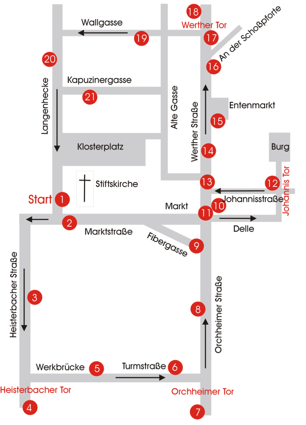 Ein detailliertes Stadtplan von Heidelberg, Deutschland, das eine bestimmte Kirche mit einer Routenkarte und beschreibendem Text hervorhebt, der ihren Standort und nahe gelegene Sehenswürdigkeiten angibt.