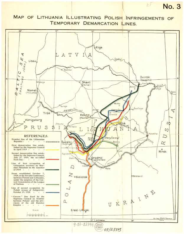 Detailierte Karte von Litauen mit markierten polnischen überlappungen der temporären Demarkationslinie, einschließlich Städte, Ortschaften und geografische Merkmale.