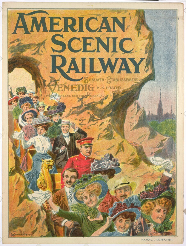 Plakat für die Amerikanische Scenic Railway in Venedig, Deutschland, das Menschen vor Hügeln unter einem klaren blauen Himmel mit Text und einigen, die Hüte tragen, zeigt.
