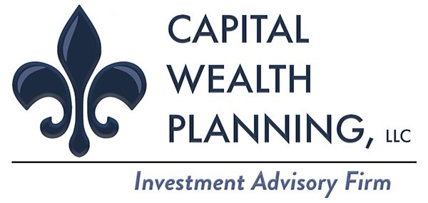 Logo der Capital Wealth Planning, LLC: ein blauer Kreis mit weißer Umrandung und einem 'C' in der Mitte, umgeben von einem weißen Ring mit blauem Text 'Capital Wealth Planning' und weißem Text 'Investment Advisory Firm' darunter.