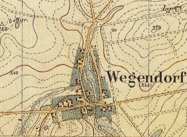 Eine topografische Karte von Wegendorf, Deutschland, die Straßen, Gebäude und Sehenswürdigkeiten mit Textangaben zur Bevölkerung, Straßen und bemerkenswerten Orten zeigt.