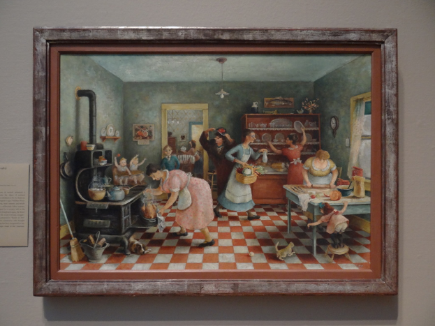 Ein gerahmtes Gemälde an einer Wand, das mehrere Frauen in einem Raum bei verschiedenen Aktivitäten zeigt.