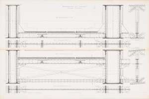 Ausführlicher Konstruktionsplan einer Brücke mit beschrifteten Bauteilen wie Balken und Seilen aus einem Buch.