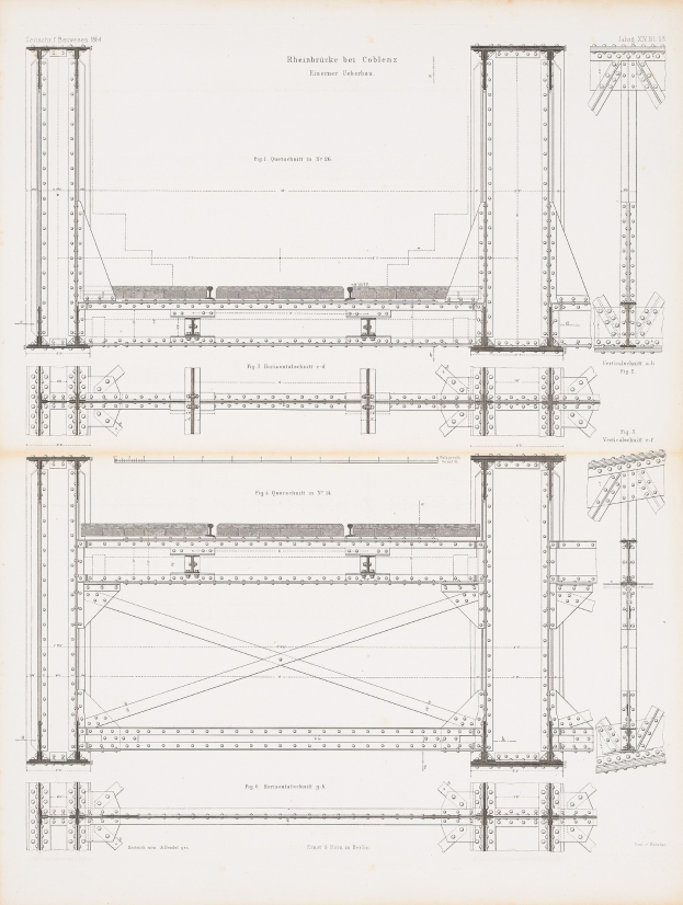 Ausführlicher Konstruktionsplan einer Brücke mit beschrifteten Bauteilen wie Balken und Seilen aus einem Buch.