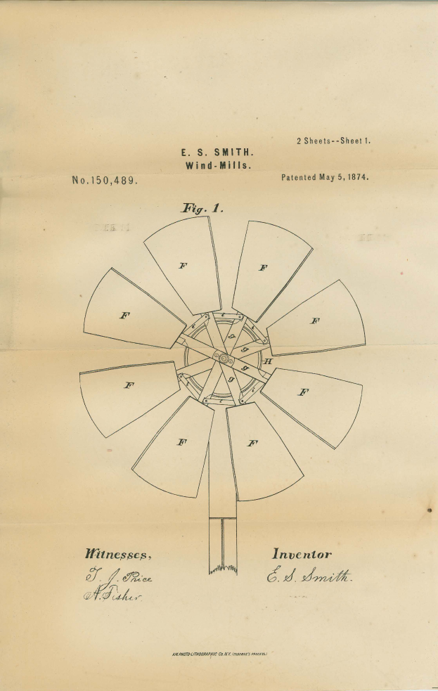 Ein altes Buch mit einer Zeichnung einer Windmühle auf seiner Seite, begleitet von beschreibendem Text.