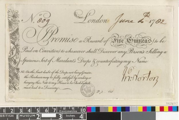 Altes Dokument mit handgeschriebenem Text, amtlichem Stempel und Farbskalen, das einen Fünf-Emirat-Lohn für die Meldung von gefälschten Mardant's Tropfen anbietet.