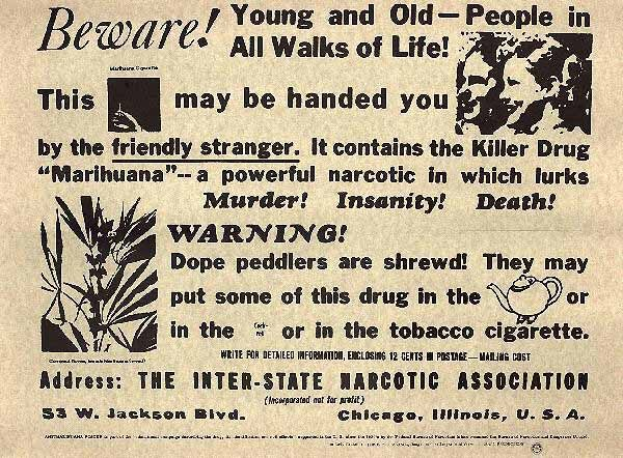 Schwarz-weißes Zeitungsinserat der Inter-State Narcotic Association mit einem Bild von einem Mann und einer Frau und der Warnungstext "Vorsicht für Jung und Alt in allen Lebensbereichen".