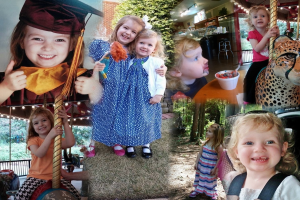 Ein Collage mit Vergnügungspark-Fahrgeschäften, einem Tisch mit Lebensmitteln, Besteck und verschiedenen Gegenständen vor einem Hintergrund aus Grünpflanzen, Lichtern und einer Wand.