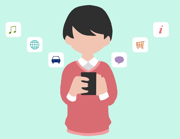 Animierter Mensch mit Smartphone und App-Icons, die die Nutzung von Online-Shopping-Apps darstellen.