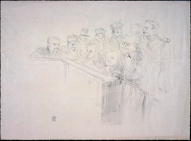 Schwarz-weiß-Zeichnung von Menschen, die an einem unordentlichen Tisch in einem Gerichtssaal sitzen, mit einem schwarzen Rahmen um die Szene.