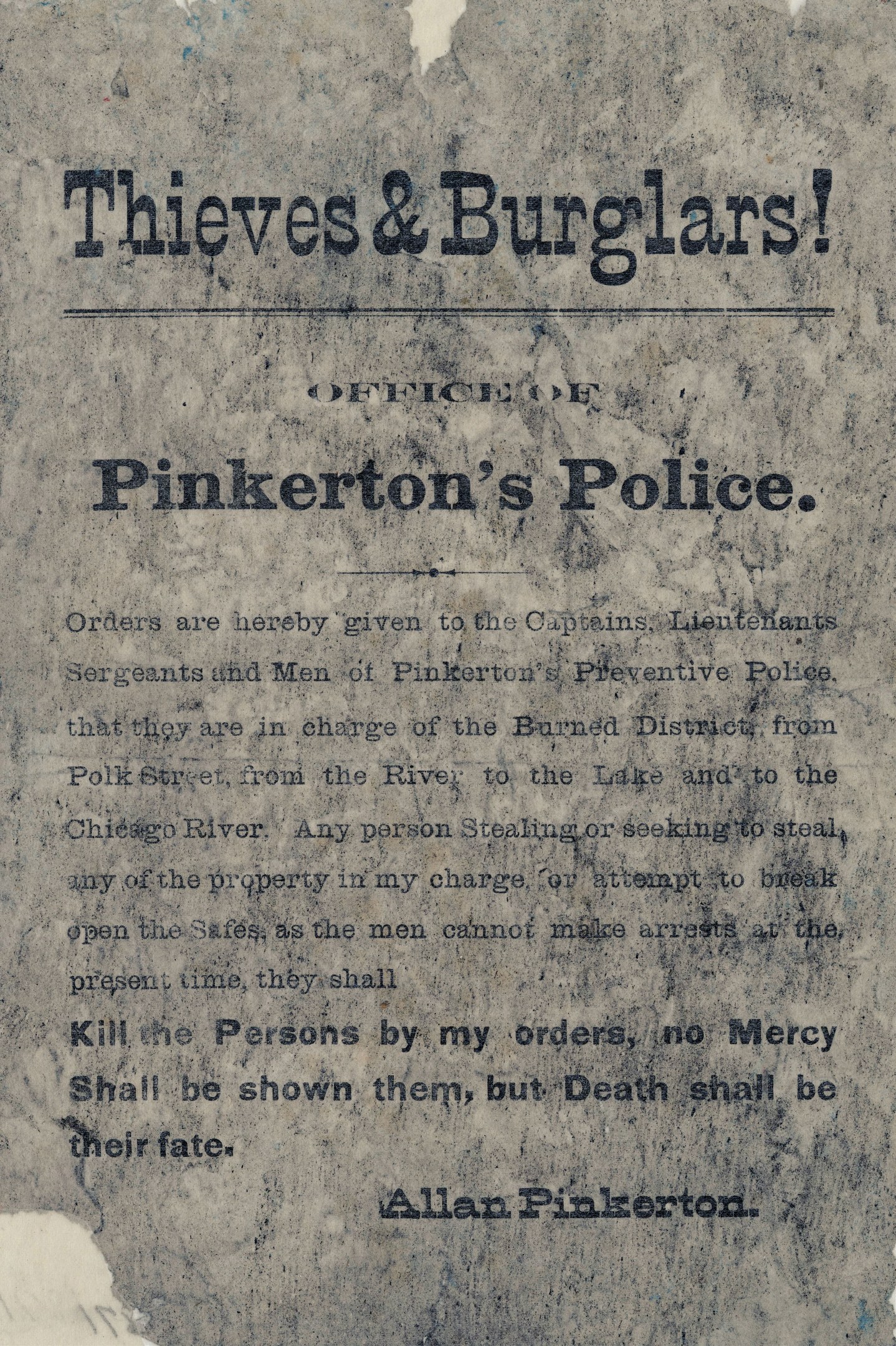 Plakat mit fetter schwarzer Schrift "Thieves & Burglars Pinkerton's Police" in der Mitte auf einem weißen Hintergrund eingerahmt von einem dünnen schwarzen Rand.