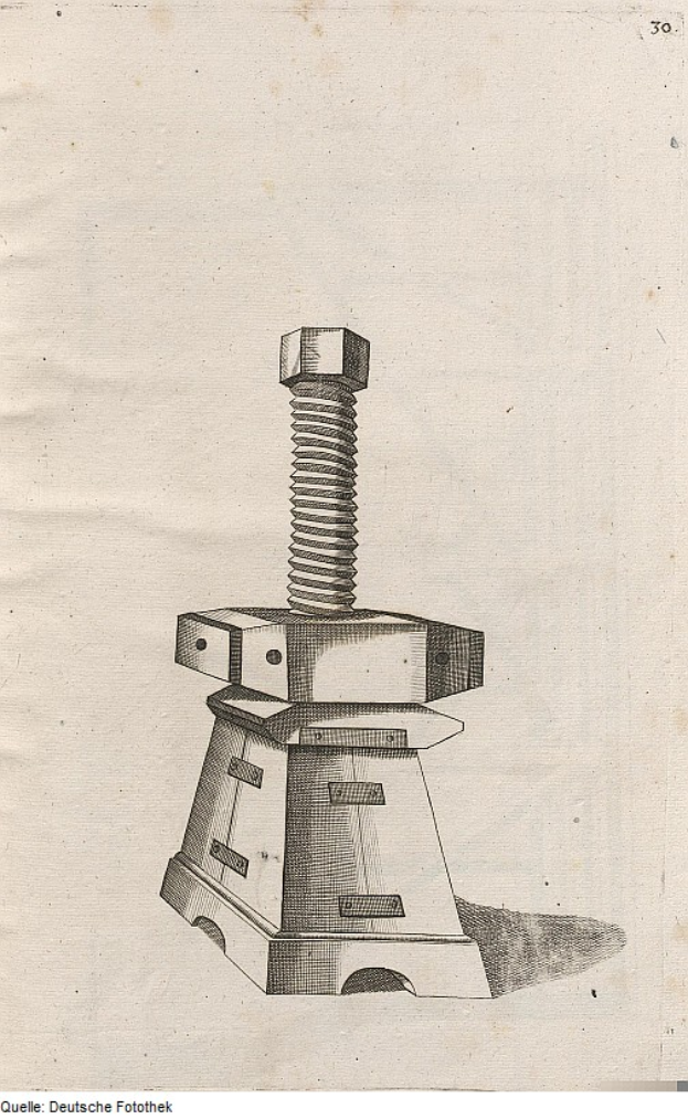 Eine Zeichnung einer zylindrischen Bolzenmaschine mit einer flachen Basis und einer metallisch silbernen Schraube, die sicher auf der Oberseite befestigt ist, mit Text am unteren Rand, der wahrscheinlich die Maschine oder ihren Zweck beschreibt.