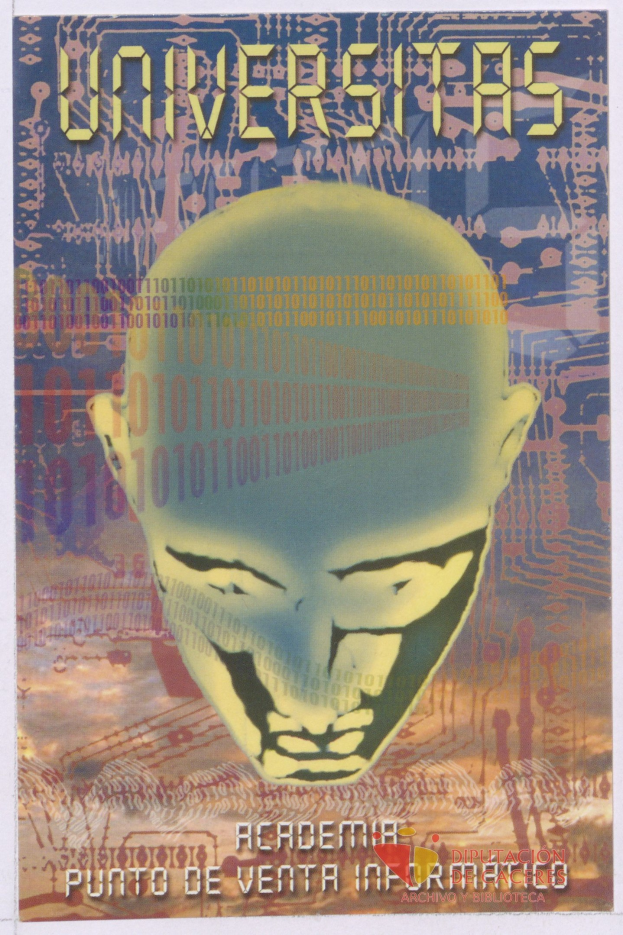 Plakat mit einem kahlköpfigen Mann mit breitem Lachen und geschlossenen Augen, umgeben von Text und Zahlen, mit "Universitas" in fetter schwarzer Schrift.