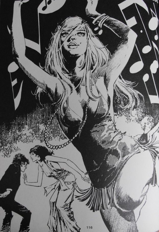 Ein Gemälde, das einige tanzende Menschen mit musikalischen Noten oben zeigt.