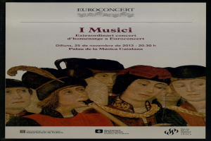 Konzertplakat mit einer Gruppe von Musikern, die Instrumente spielen, mit Text, der die Veranstaltungsdetails bereitstellt.