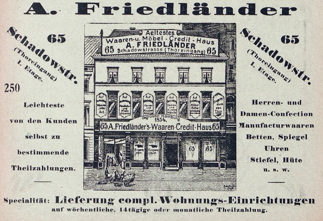 Alte Werbung für einen Friedländer-Laden in Deutschland mit einem Gebäude und Text auf der Fassade.