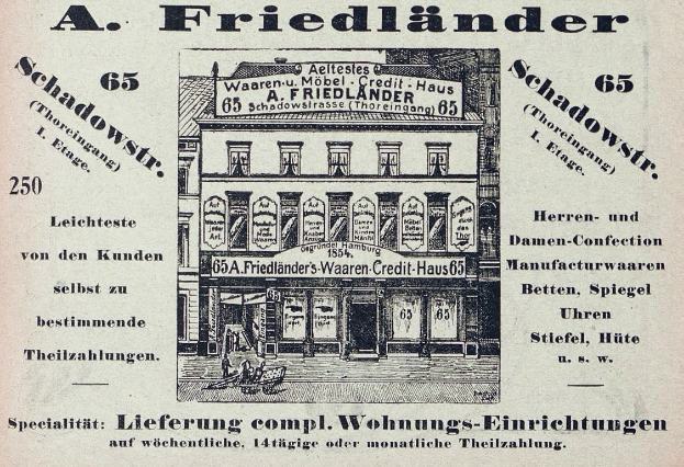 Alte Werbung für einen Friedländer-Laden in Deutschland mit einem Gebäude und Text auf der Fassade.