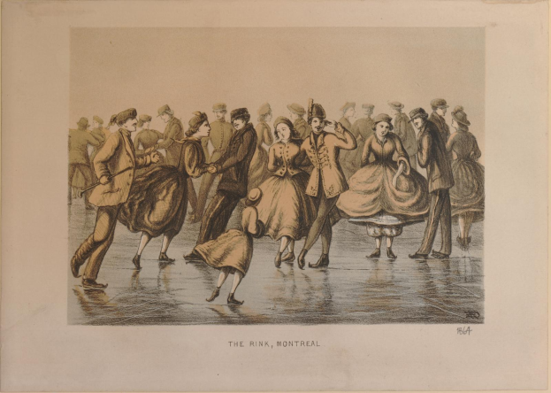 Gruppe von Menschen, die auf einer Outdoor-Eisbahn in Montreal, Kanada, umgeben von Bäumen mit sichtbarem Himmel Schlittschuh laufen; Text unten lautet "The Rink, Montreal."