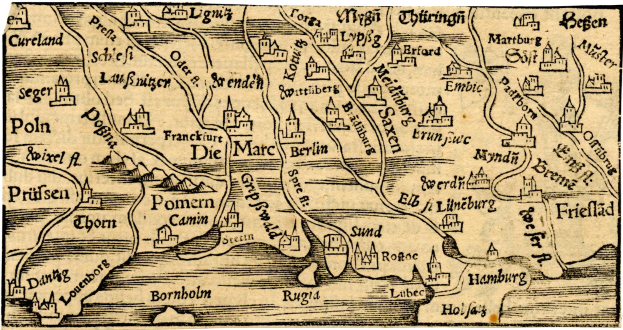 Ein detaillierter alter Stadtplan von Köln, Deutschland, der Straßen, Gebäude und Sehenswürdigkeiten mit begleitendem Text und Gebäudeabbildungen zeigt.