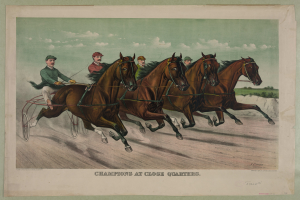 Gruppe von Menschen, die in einer von Pferden gezogenen Kutsche auf einer von B├Ąumen ges├Ąumten Stra├če unter einem klaren blauen Himmel fahren mit dem Text 'Champions at Close Quarters' unten.