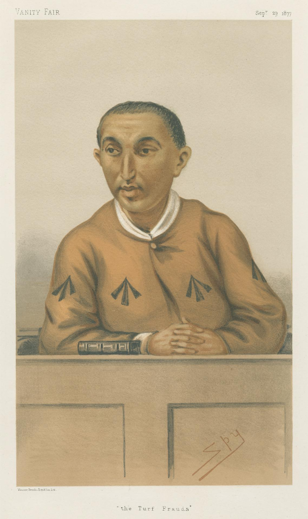 Ein Mann in einem weißen Hemd und dunklen Hosen sitzt an einem Tisch mit gefalteten Händen und zeigt einen ernsten Ausdruck, mit dem Text "Die Turf-Betrügere" unten.