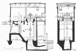 Eine Schwarz-Weiß-Zeichnung einer großen Abwasserbehandlungsanlage mit zahlreichen Rohren und Ventilen, begleitet von erklärendem Text.