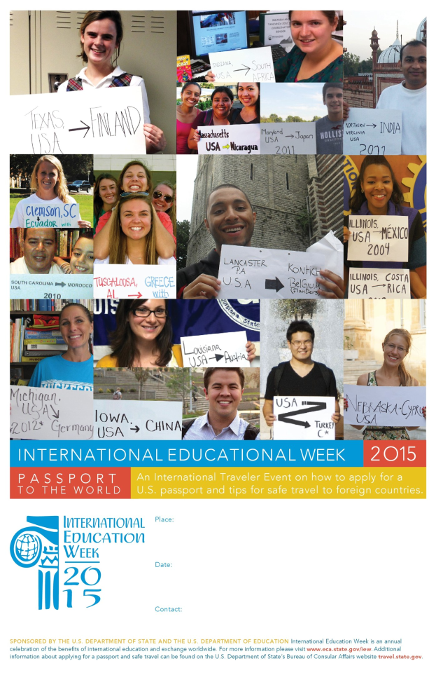 Internationaler Bildungswoche 2015 Plakat mit einer Gruppe von strahlenden Menschen, die Schilder mit textbezogenen Informationen halten.