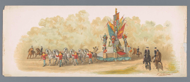 Ein Gemälde von einem Karnevalsumzug mit Menschen in bunten Kostümen, die auf Pferden vor einem geschmückten Motivwagen reiten, vor einem Hintergrund mit Bäumen und einem klaren blauen Himmel.