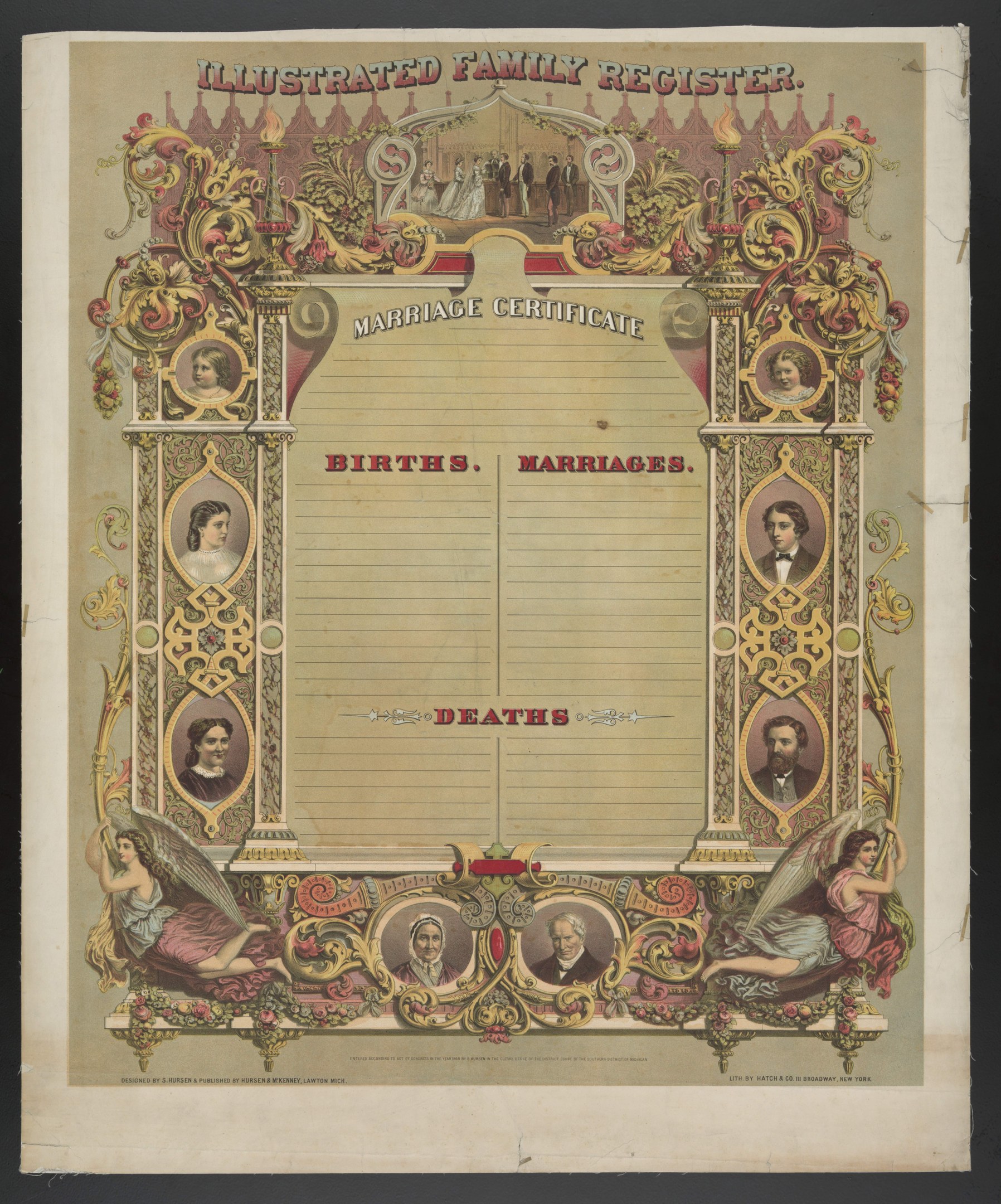 Veranschaulichtes Familienstammbuch-Hochzeitsurkunde mit schwarzem Hintergrund, mit Bildern von Menschen und Text, der "Geburten, Hochzeiten, Tode" liest.