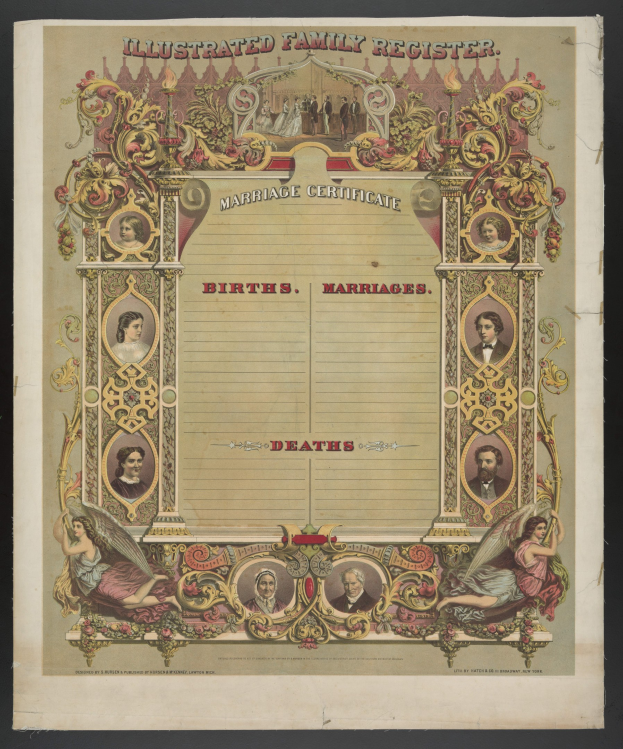 Veranschaulichtes Familienstammbuch-Hochzeitsurkunde mit schwarzem Hintergrund, mit Bildern von Menschen und Text, der "Geburten, Hochzeiten, Tode" liest.