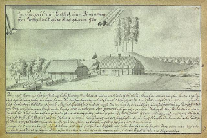 Ein altes Dokument mit einer Zeichnung eines Hofs in einem Feld, umgeben von Häusern, Bäumen und einem Himmel, mit dem Text "Surgensburg, Deutschland - Landschaft eines Hofs".