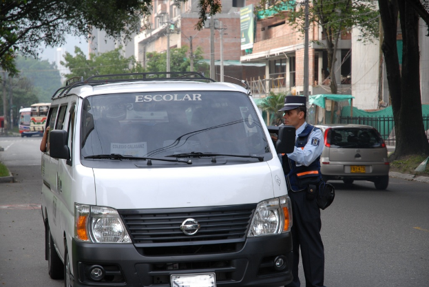 Ein Polizeibeamter spricht mit einer Person in einem Fahrzeug auf einer befahrenen Stra√üe umgeben von B√§umen, hellbraunen Geb√§uden und Stromm√§sten.