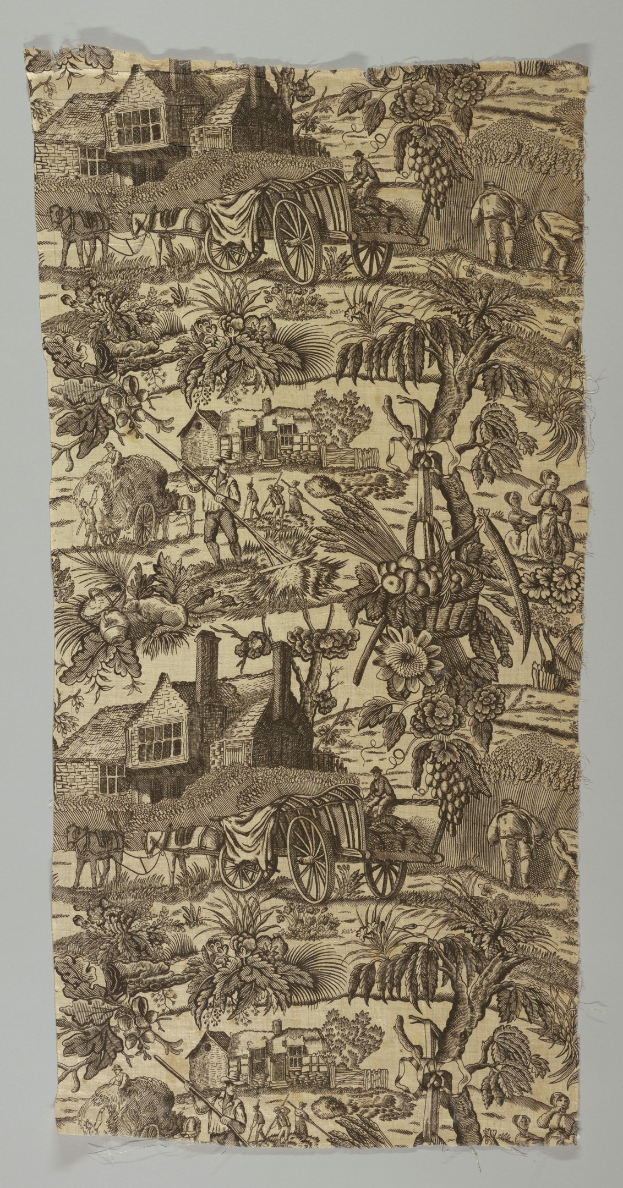 Ein Blatt Papier mit einer Zeichnung einer Dorfszene mit Bäumen, Menschen, Karren, Häusern und anderen Gegenständen.