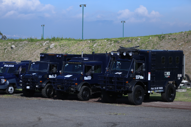 Eine Reihe von Polizei-Lkw, die nebeneinander auf der Straße geparkt sind, mit Reifen, Gras, Pflanzen, Polen, einer Gruppe von Bäumen und einem bewölkten Himmel im Hintergrund.